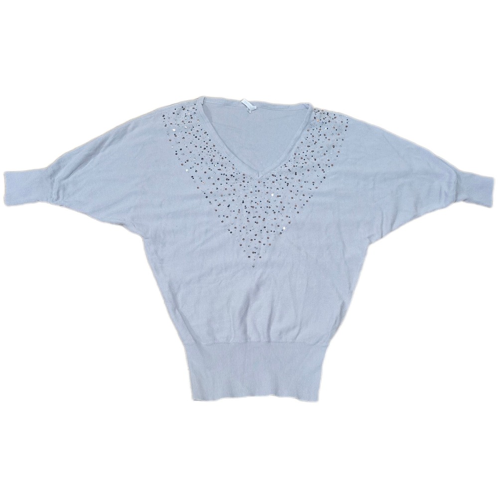 Studio Y Womens Light Blue Sequin V-Neck Dolman Sleeve‎ Knit Sweater Size M